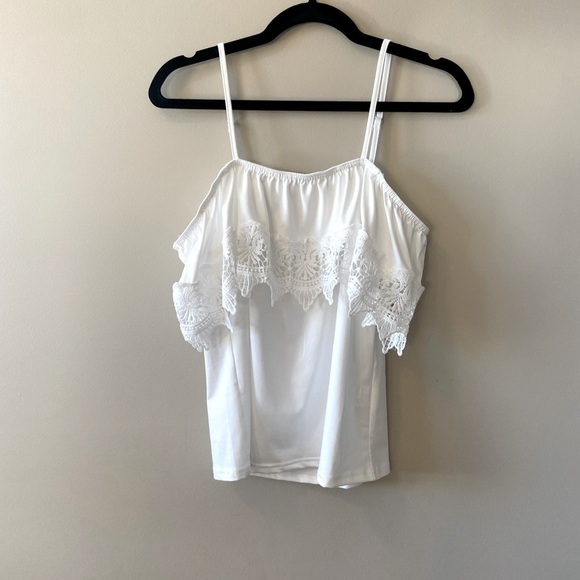 𝅺𝅺⭐️2 FOR $20⭐️ Shein White Off Shoulder Ruffle Crochet Detail Top. Medium. - Picture 3 of 9